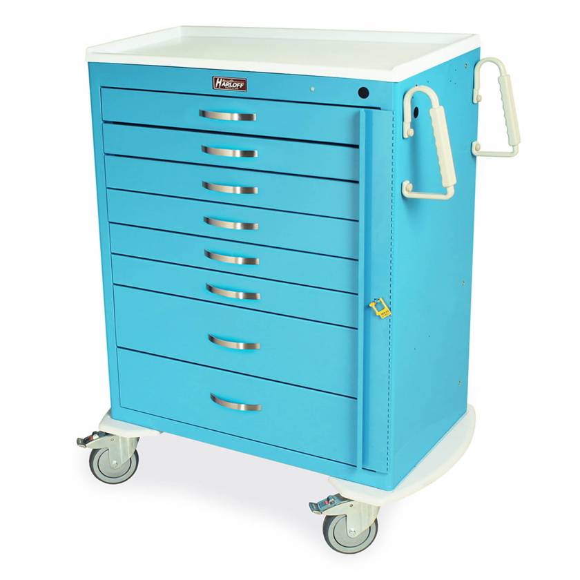 Harloff MDS3030B08 M-Series Standard Width Tall Emergency Cart Eight Drawers with Breakaway Lock.  Color shown is Light Blue.