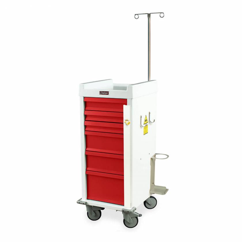 Harloff MRN6B-EMG Narrow Body MR-Conditional Emergency Cart Six Drawers with Breakaway Lock, Accessory Package. Color shown  with a White body and Red drawers.