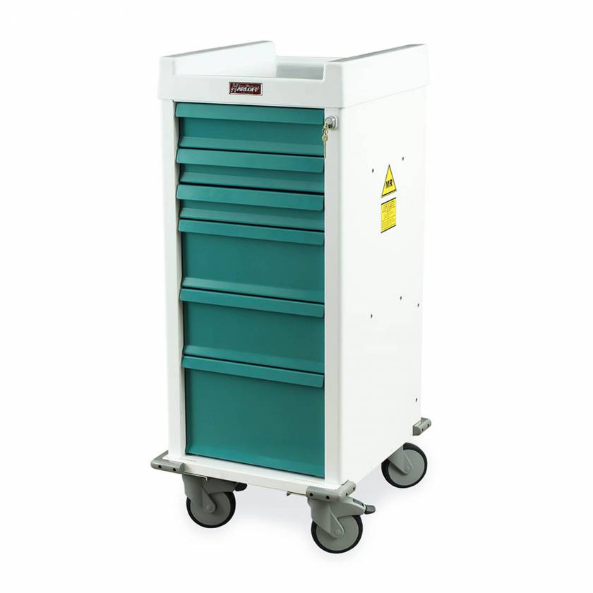 Harloff MRN6K Narrow Body MR-Conditional Anesthesia Cart Six Drawers with Key Lock shown in White body with Teal drawers.