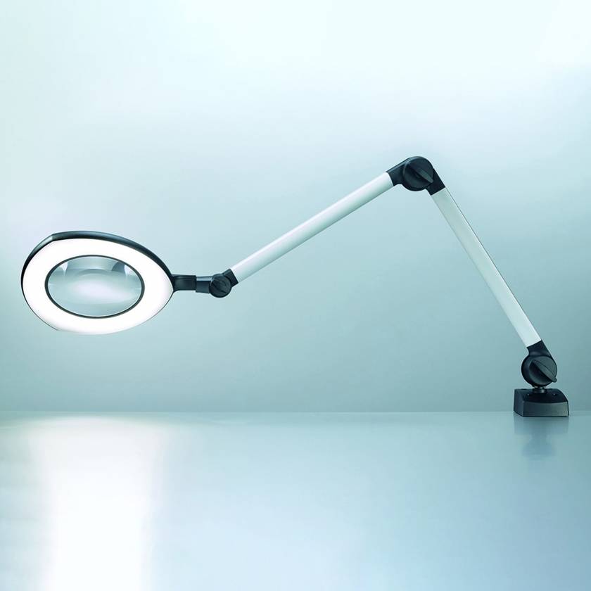 Waldmann Tevisio LED Magnifier Light with 3.5+8 Diopter Magnification, Pin Mount Table Clamp, 39" Arm - Side View
