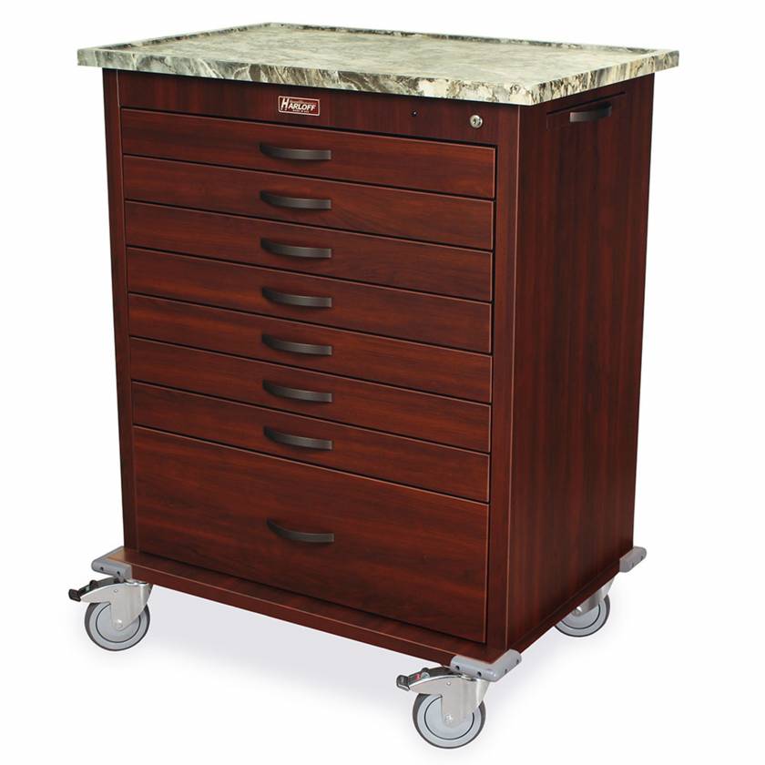 Harloff WV294BOX-CM Wood Vinyl Aluminum 294 Unit-Dose Box Medication Cart with Key Lock, Cherry Mahogany Cabinet Finish. Shown with Light Top option.