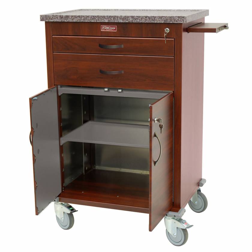 Harloff WV6200-CM Wood Vinyl Tall Treatment Cart, Two Drawers, Storage Compartment with Doors, Key Locks, Cherry Mahogany Finish Cabinet.