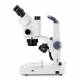 Globe Scientific ESB-1903 StereoBlue Trinocular Stereo Microscope, WF 10x/21mm Eyepieces with Eyecups, 0.7x - 4.5x Zoom Objective, Rack and Pinion Stand - Side View