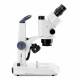 Globe Scientific ESB-1903 StereoBlue Trinocular Stereo Microscope, WF 10x/21mm Eyepieces with Eyecups, 0.7x - 4.5x Zoom Objective, Rack and Pinion Stand - Side View