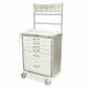 Harloff MDS3030E16 M-Series Standard Width Tall Anesthesia Cart Six Drawers with Basic Electronic Pushbutton Lock and OPTIONAL Basic Anesthesia Accessory Package MD30-ANS.  Cart shown with a
Brushed Silver body and White drawers.