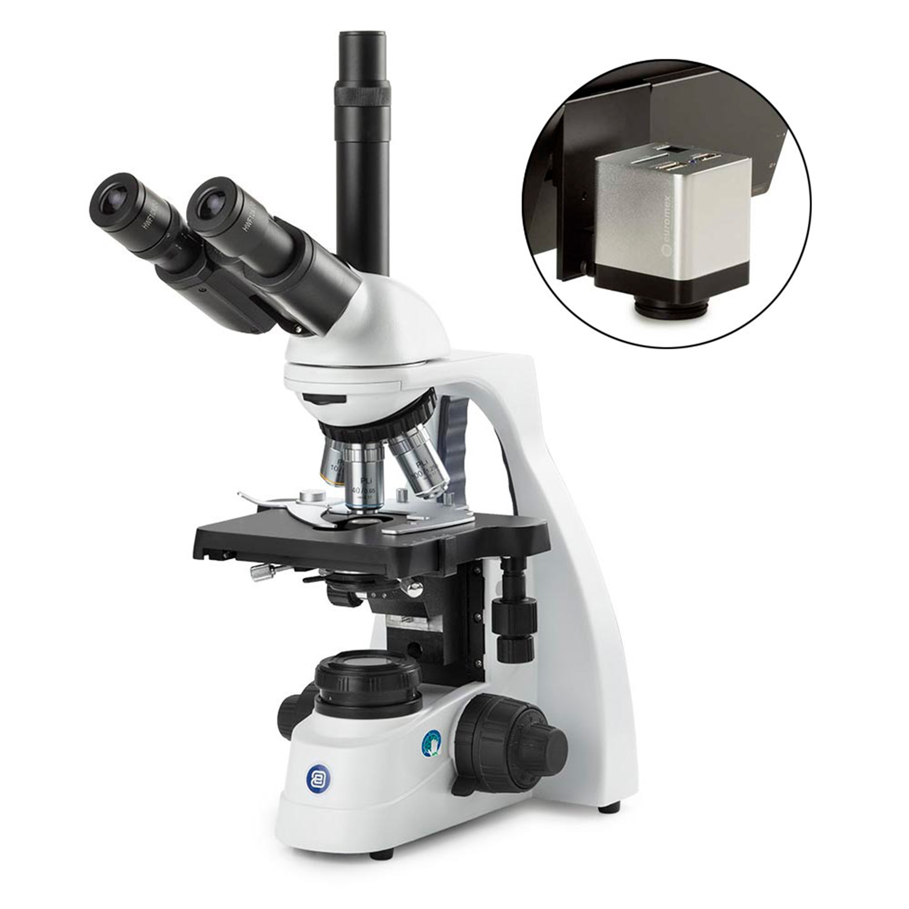 BioBlue Series Compound Microscope, Trinocular with Camera, SMP,  4/10/S40/S100x Oil Objectives with Mechanical Stage