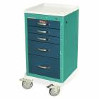 Harloff A-Series Lightweight Aluminum Mini Width Short Anesthesia Cart Five Drawers with Key Lock.
Color shown with Teal body and Hammertone Blue drawers.